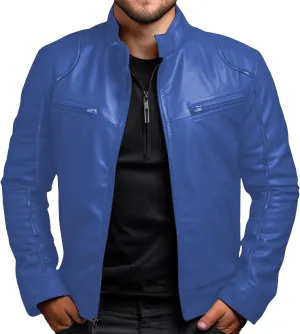 Men's Stand Collar Faux Leather Jacket Casual Zip Up Leather Motorcycle Jacket Solid Color Slim Punk Biker Outwear