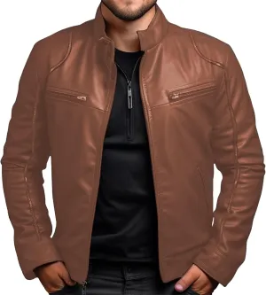 Men's Stand Collar Faux Leather Jacket Casual Zip Up Leather Motorcycle Jacket Solid Color Slim Punk Biker Outwear