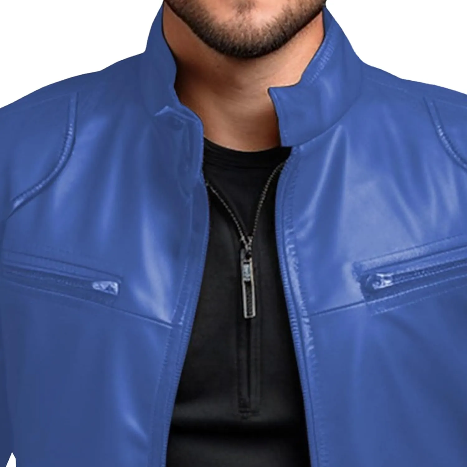Men's Stand Collar Faux Leather Jacket Casual Zip Up Leather Motorcycle Jacket Solid Color Slim Punk Biker Outwear