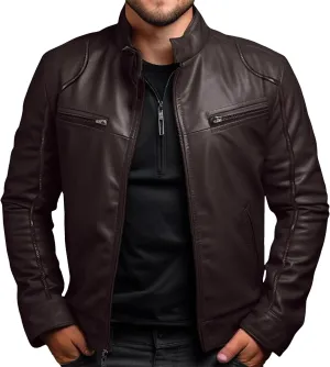 Men's Stand Collar Faux Leather Jacket Casual Zip Up Leather Motorcycle Jacket Solid Color Slim Punk Biker Outwear