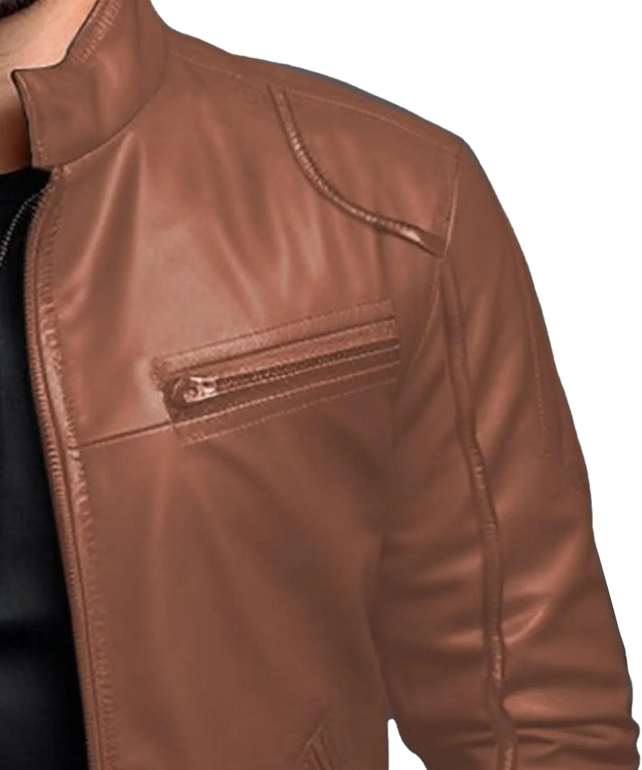 Men's Stand Collar Faux Leather Jacket Casual Zip Up Leather Motorcycle Jacket Solid Color Slim Punk Biker Outwear