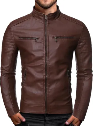 Men's Stand Collar Faux Leather Jacket Casual Zip Up Leather Motorcycle Jacket Solid Color Slim Punk Biker Outwear