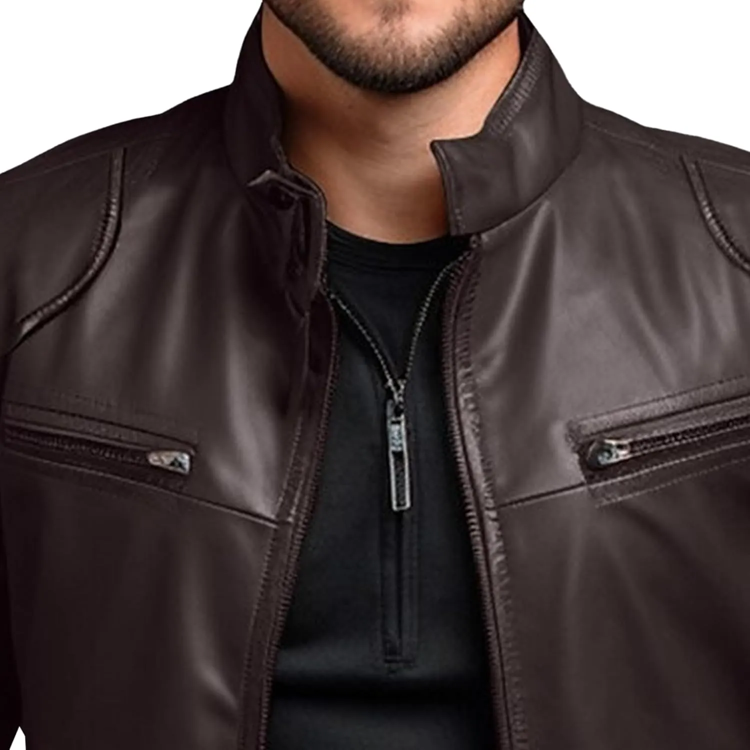 Men's Stand Collar Faux Leather Jacket Casual Zip Up Leather Motorcycle Jacket Solid Color Slim Punk Biker Outwear