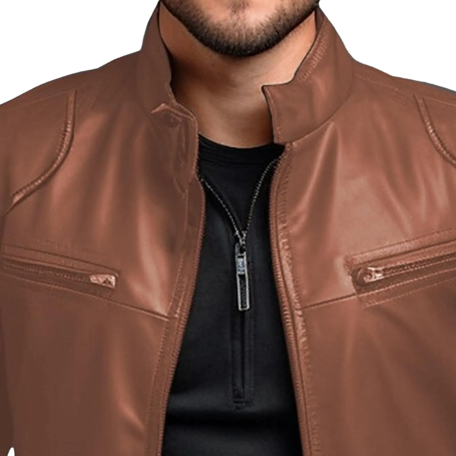 Men's Stand Collar Faux Leather Jacket Casual Zip Up Leather Motorcycle Jacket Solid Color Slim Punk Biker Outwear