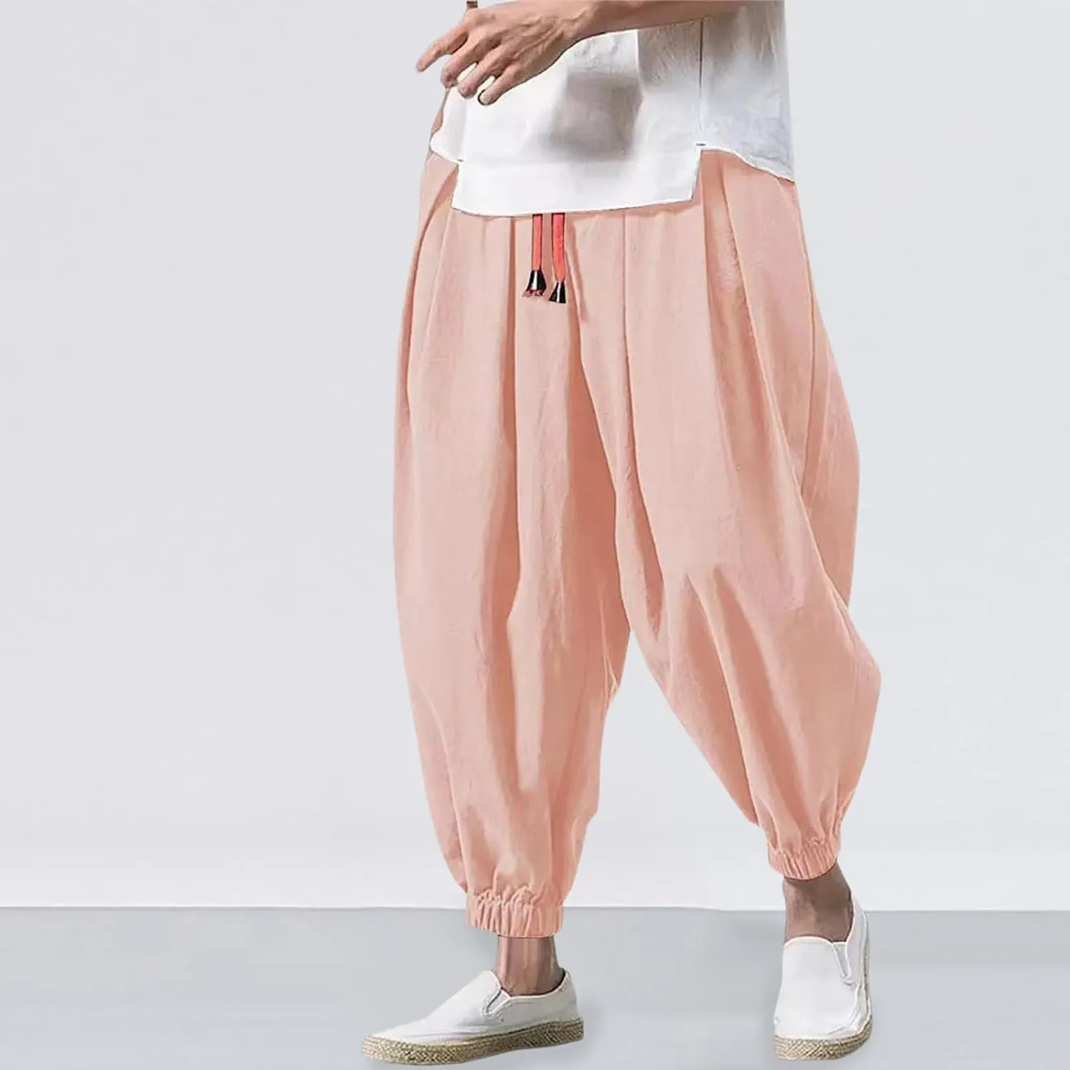 Mens Wide Leg Harem Linen Cotton Pants Japanese Loose Fit Pants Casual Baggy Elastic Waist Trouser Streetwear