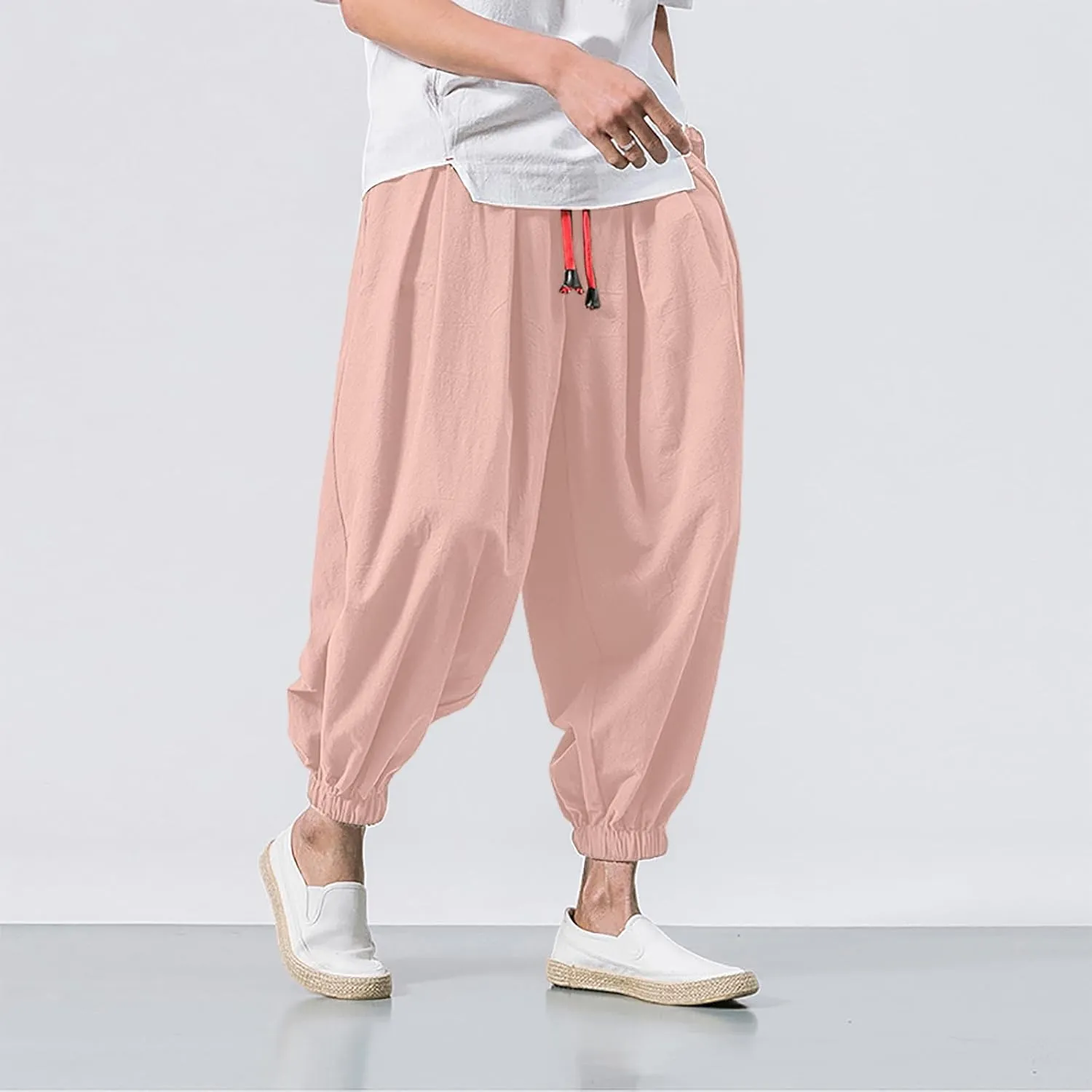 Mens Wide Leg Harem Linen Cotton Pants Japanese Loose Fit Pants Casual Baggy Elastic Waist Trouser Streetwear