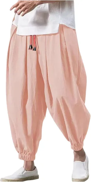 Mens Wide Leg Harem Linen Cotton Pants Japanese Loose Fit Pants Casual Baggy Elastic Waist Trouser Streetwear