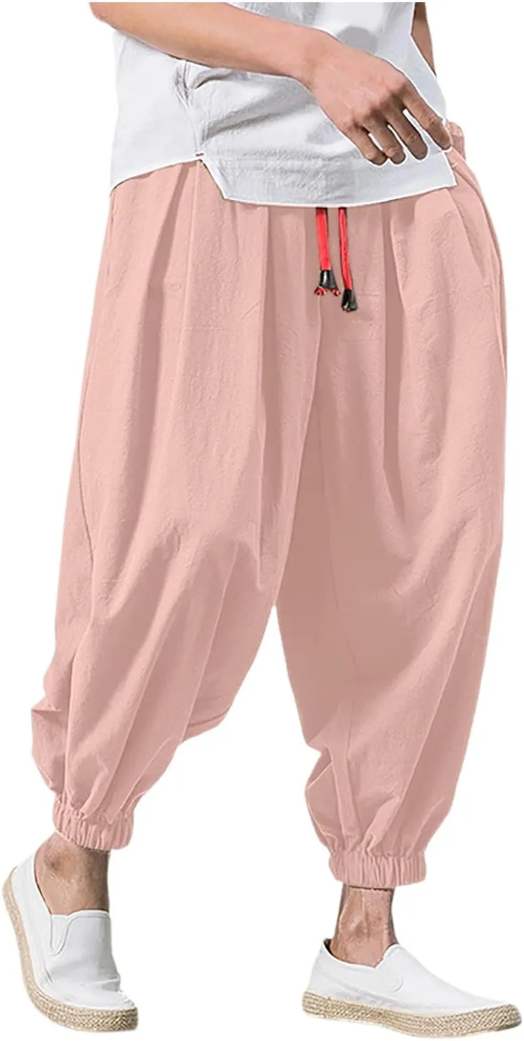 Mens Wide Leg Harem Linen Cotton Pants Japanese Loose Fit Pants Casual Baggy Elastic Waist Trouser Streetwear