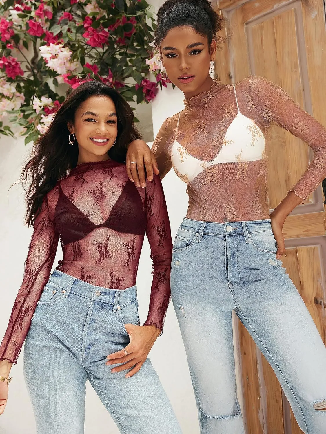 MEROKEETY Womens 2025 Mesh Sheer Long Sleeve Layering Top Sexy Y2k Mock Neck Floral Lace See Through Shirt Blouses
