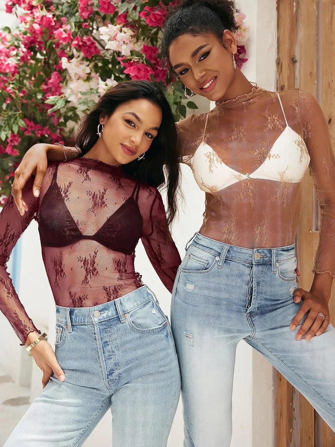 MEROKEETY Womens 2025 Mesh Sheer Long Sleeve Layering Top Sexy Y2k Mock Neck Floral Lace See Through Shirt Blouses