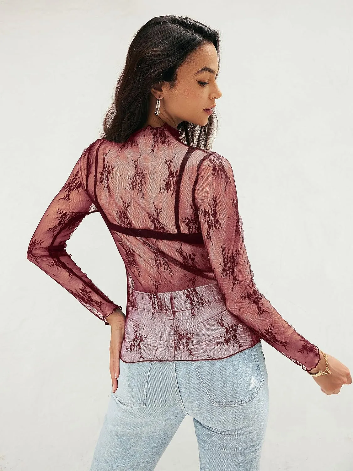 MEROKEETY Womens 2025 Mesh Sheer Long Sleeve Layering Top Sexy Y2k Mock Neck Floral Lace See Through Shirt Blouses