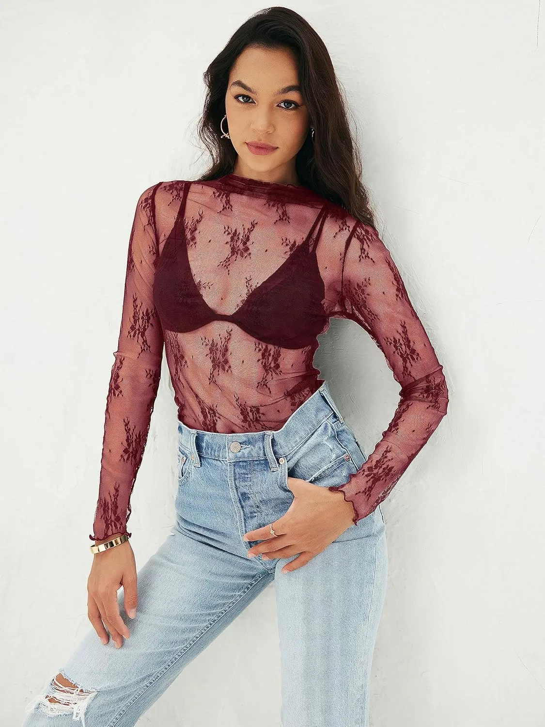 MEROKEETY Womens 2025 Mesh Sheer Long Sleeve Layering Top Sexy Y2k Mock Neck Floral Lace See Through Shirt Blouses