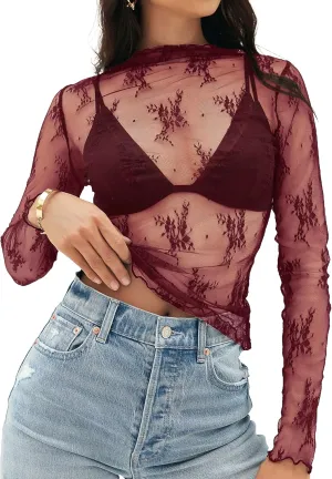 MEROKEETY Womens 2025 Mesh Sheer Long Sleeve Layering Top Sexy Y2k Mock Neck Floral Lace See Through Shirt Blouses