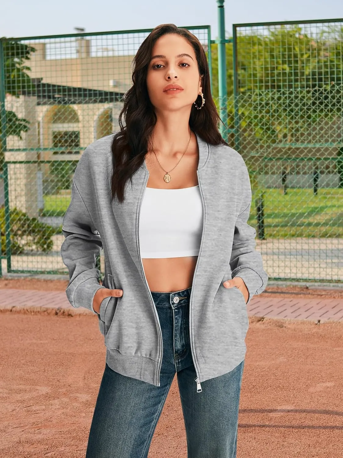 MEROKEETY Womens Long Sleeve Zip Up Sweatshirts Jackets Casual Loose Outwear with Pockets