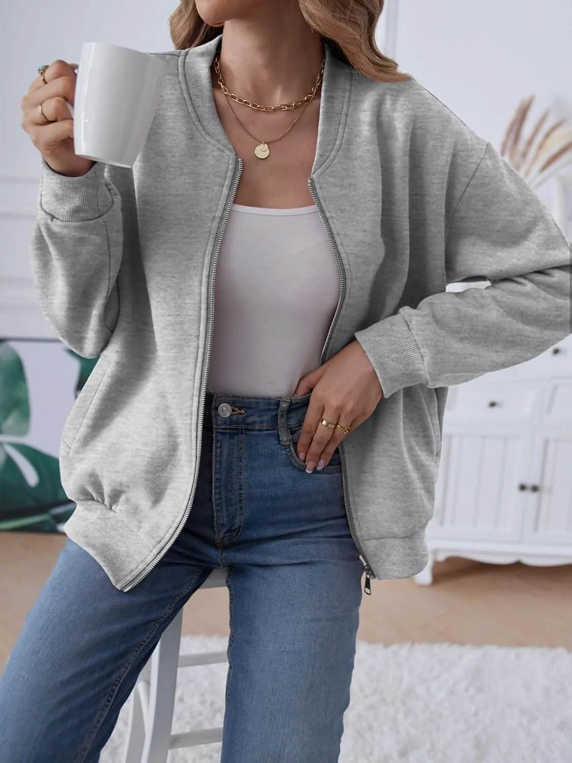 MEROKEETY Womens Long Sleeve Zip Up Sweatshirts Jackets Casual Loose Outwear with Pockets