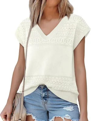 Messic Womens V Neck Sweater Vest Cap Sleeve Casual Lightweight Knit Pullover Tops