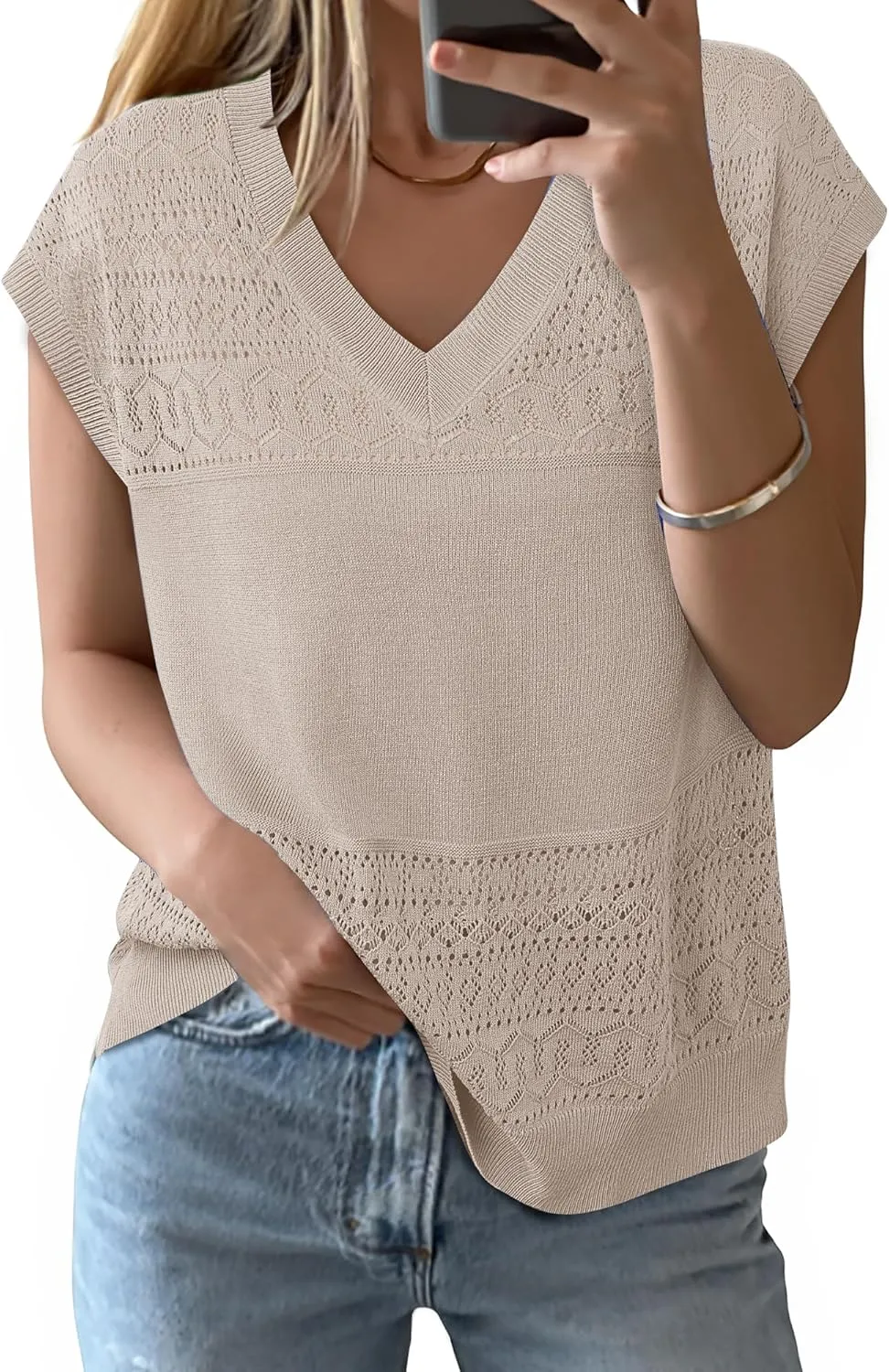 Messic Womens V Neck Sweater Vest Cap Sleeve Casual Lightweight Knit Pullover Tops