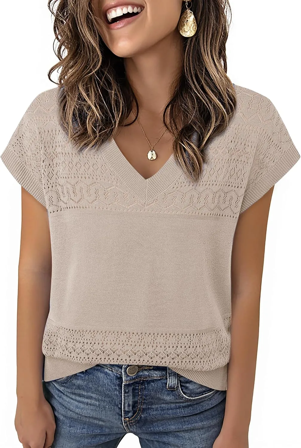 Messic Womens V Neck Sweater Vest Cap Sleeve Casual Lightweight Knit Pullover Tops