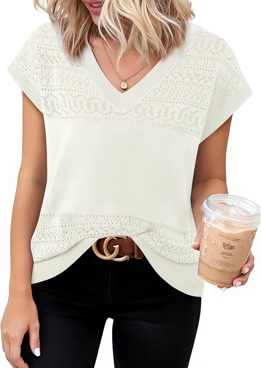 Messic Womens V Neck Sweater Vest Cap Sleeve Casual Lightweight Knit Pullover Tops