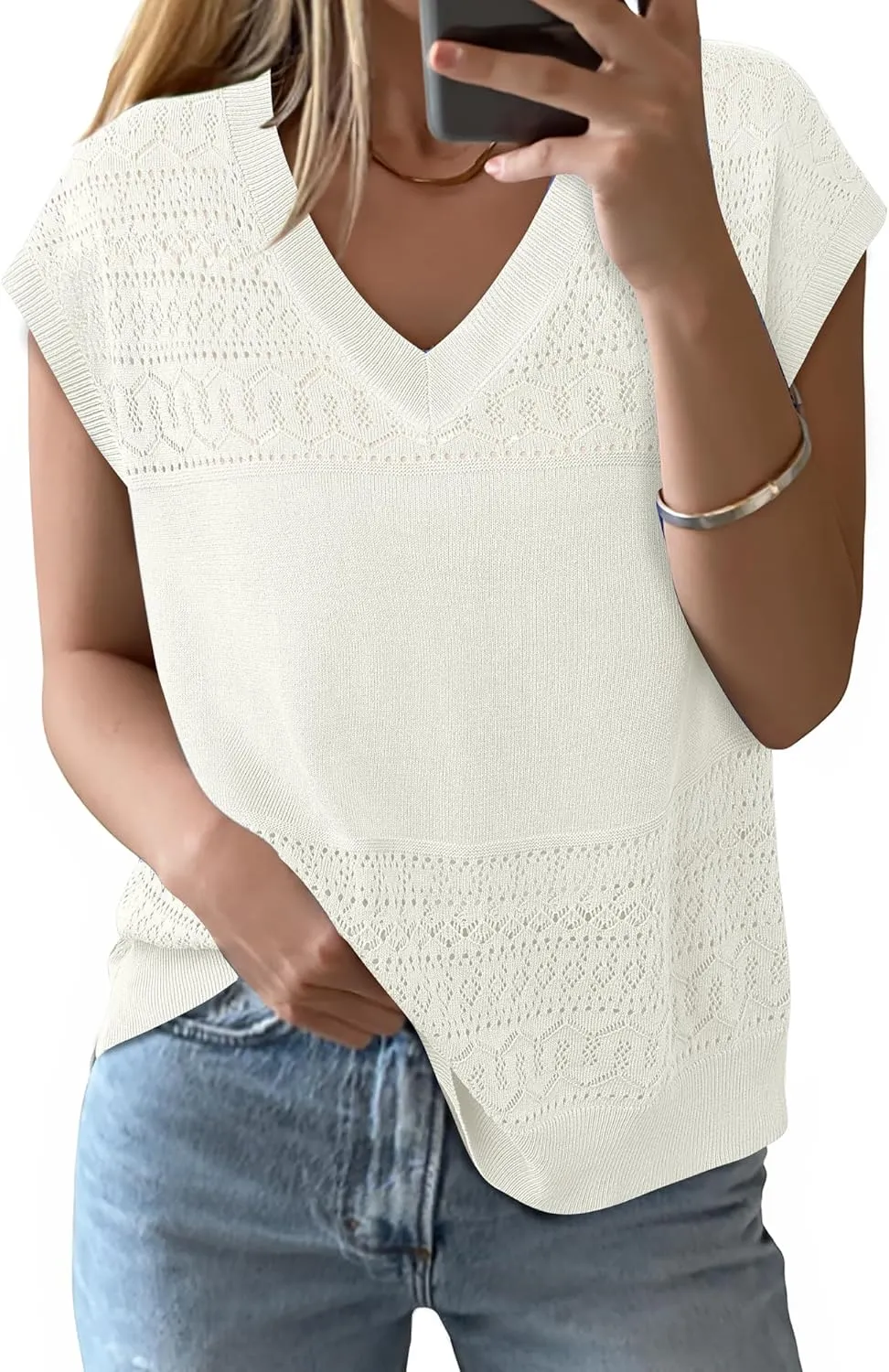 Messic Womens V Neck Sweater Vest Cap Sleeve Casual Lightweight Knit Pullover Tops