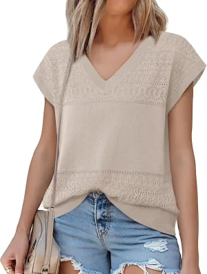 Messic Womens V Neck Sweater Vest Cap Sleeve Casual Lightweight Knit Pullover Tops