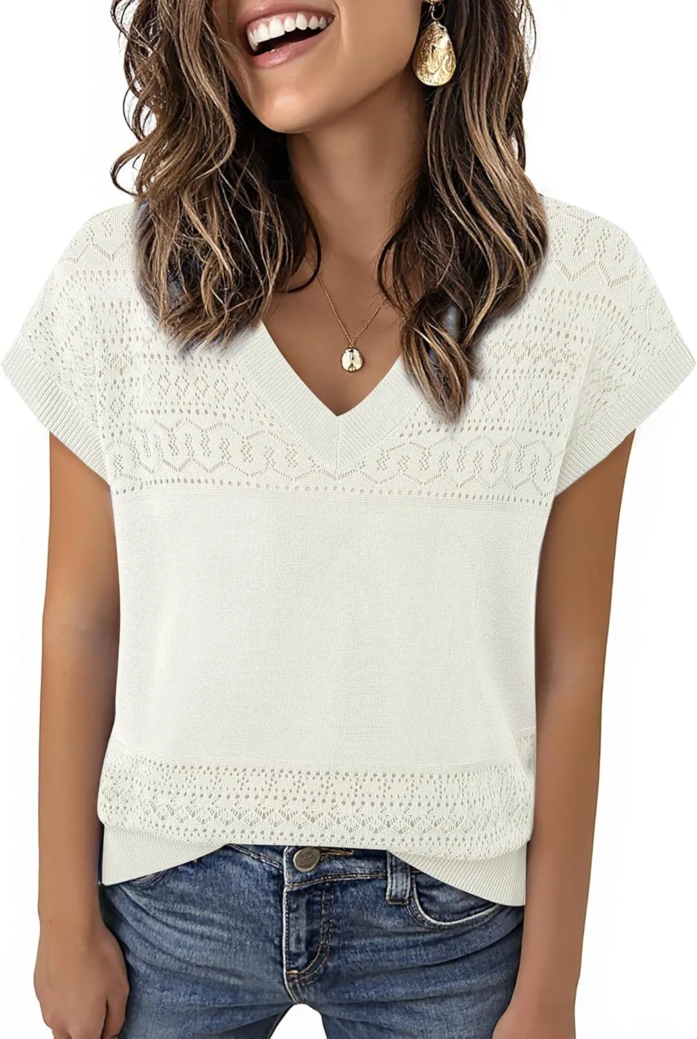 Messic Womens V Neck Sweater Vest Cap Sleeve Casual Lightweight Knit Pullover Tops