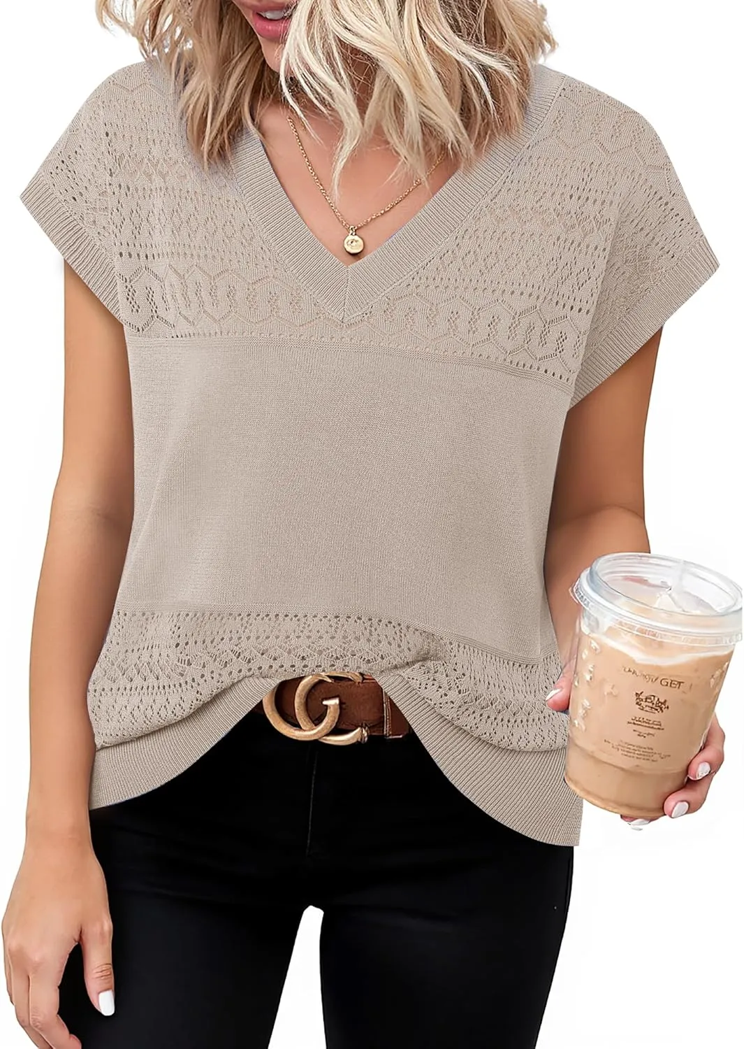 Messic Womens V Neck Sweater Vest Cap Sleeve Casual Lightweight Knit Pullover Tops