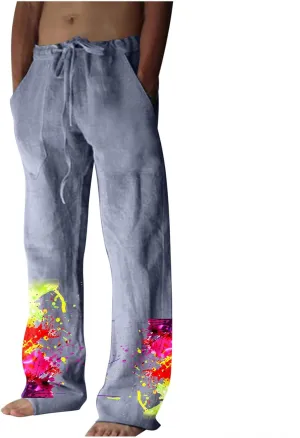 Muscularfit Mens Pants Casual Relaxed Fit Cotton Linen Tie Dye Print Drawstring Trousers Loose Fit Elastic Waist Solid Pant