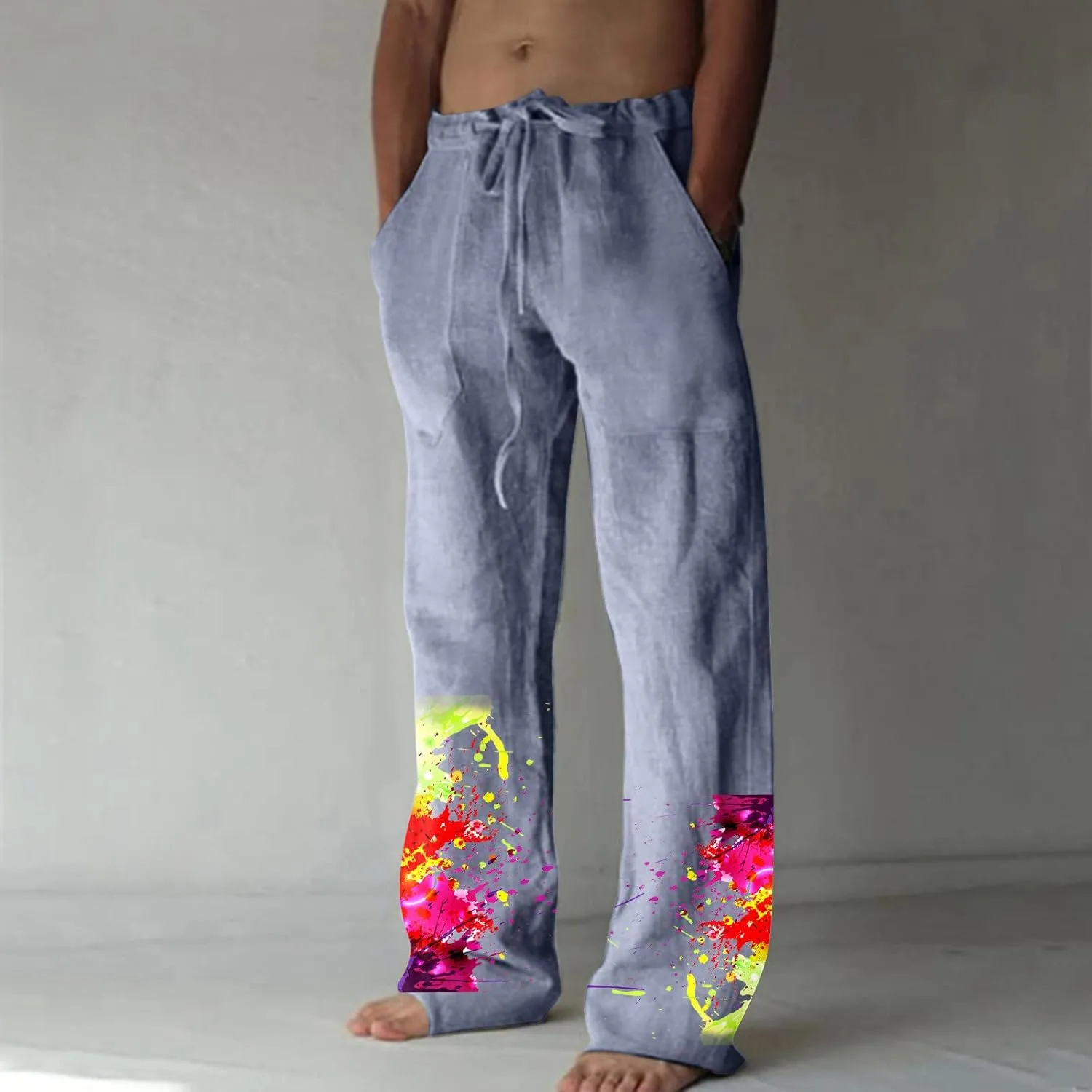 Muscularfit Mens Pants Casual Relaxed Fit Cotton Linen Tie Dye Print Drawstring Trousers Loose Fit Elastic Waist Solid Pant