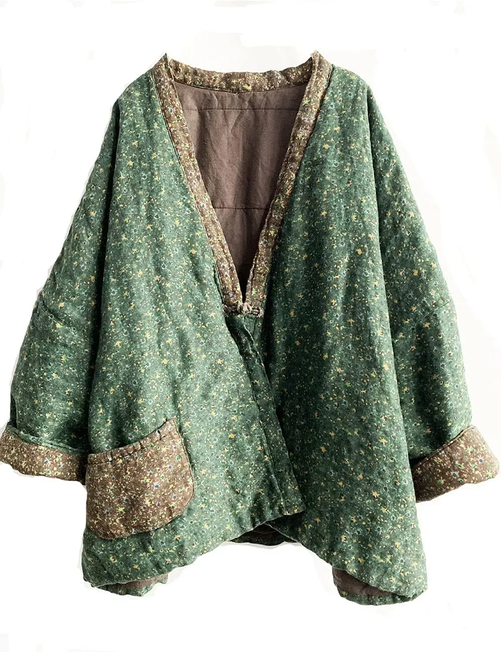 NFYM Women Cropped Cotton Padded Jacket Vintage Print Floral Cotton Linen Coats V-Neck One Frog Buttons Short Outwear