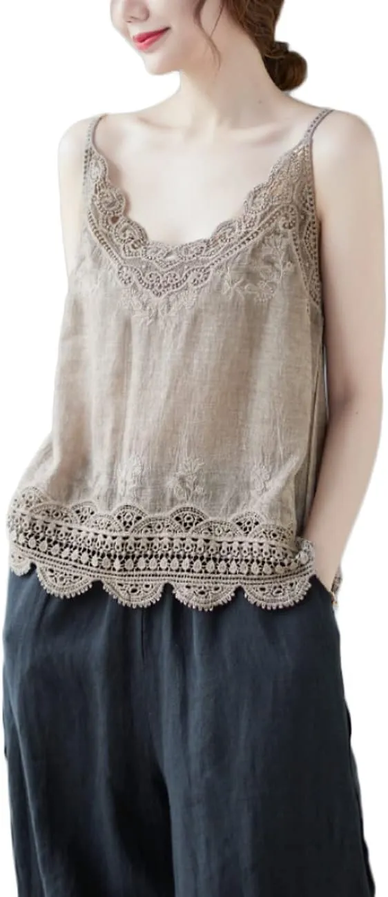 NFYM Women's V Neck Sleeveless Lace Embroidered Undershirt Cotton Spaghetti Strap Layering Camisole Cami Tank Top