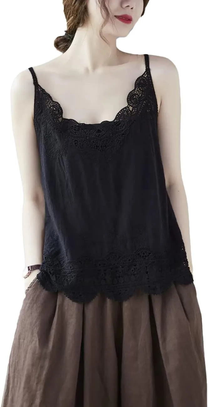 NFYM Women's V Neck Sleeveless Lace Embroidered Undershirt Cotton Spaghetti Strap Layering Camisole Cami Tank Top