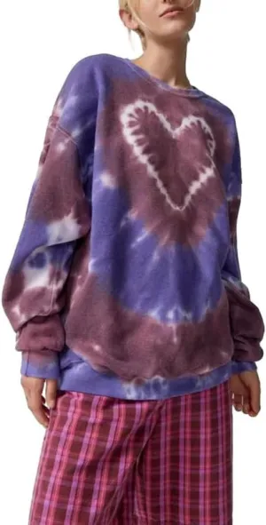 NUFIWI Tie Dye Heart Pattern Crew Neck Sweatshirt Long Sleeve Aesthetic Pink Pullover Tops Oversized Y2K Love Autumn Wear