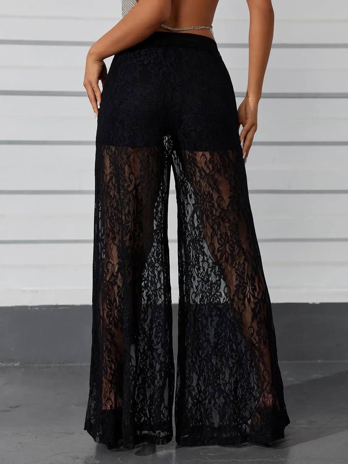 OYOANGLE Women's Lace Sheer Elastic Waist Wide Leg Pants See Through Long Trousers Party Clubwear