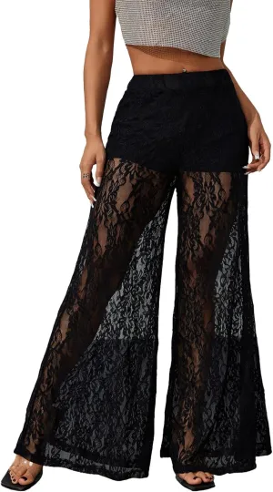 OYOANGLE Women's Lace Sheer Elastic Waist Wide Leg Pants See Through Long Trousers Party Clubwear