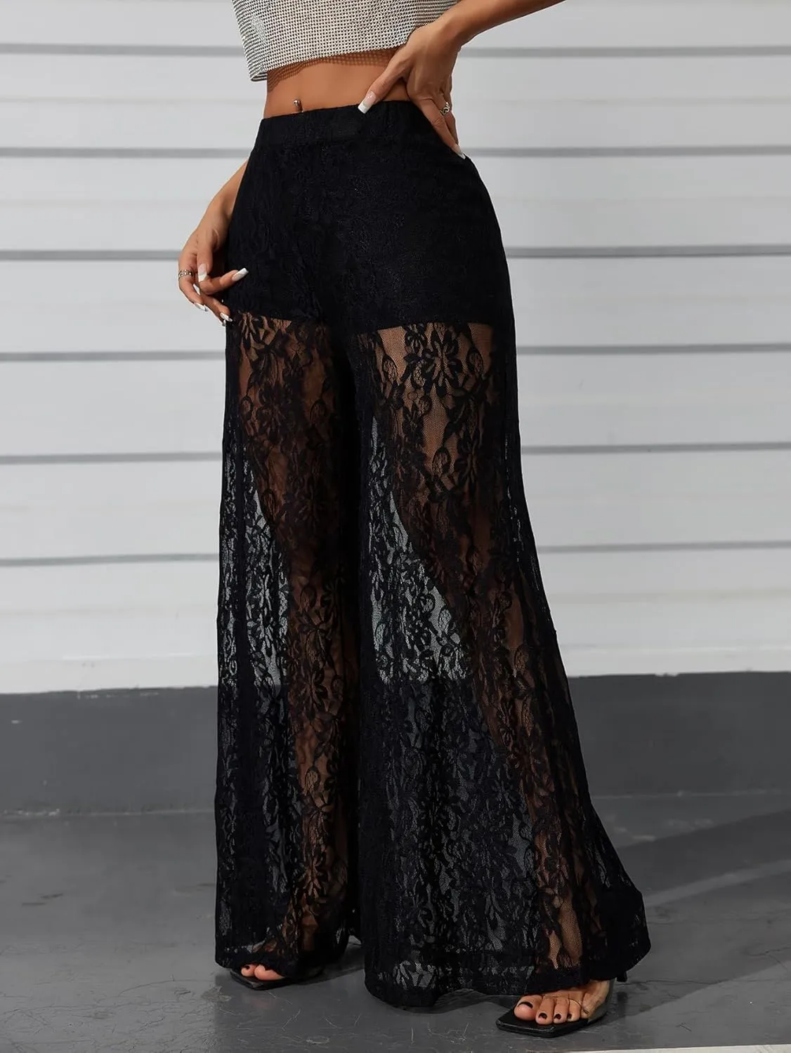 OYOANGLE Women's Lace Sheer Elastic Waist Wide Leg Pants See Through Long Trousers Party Clubwear