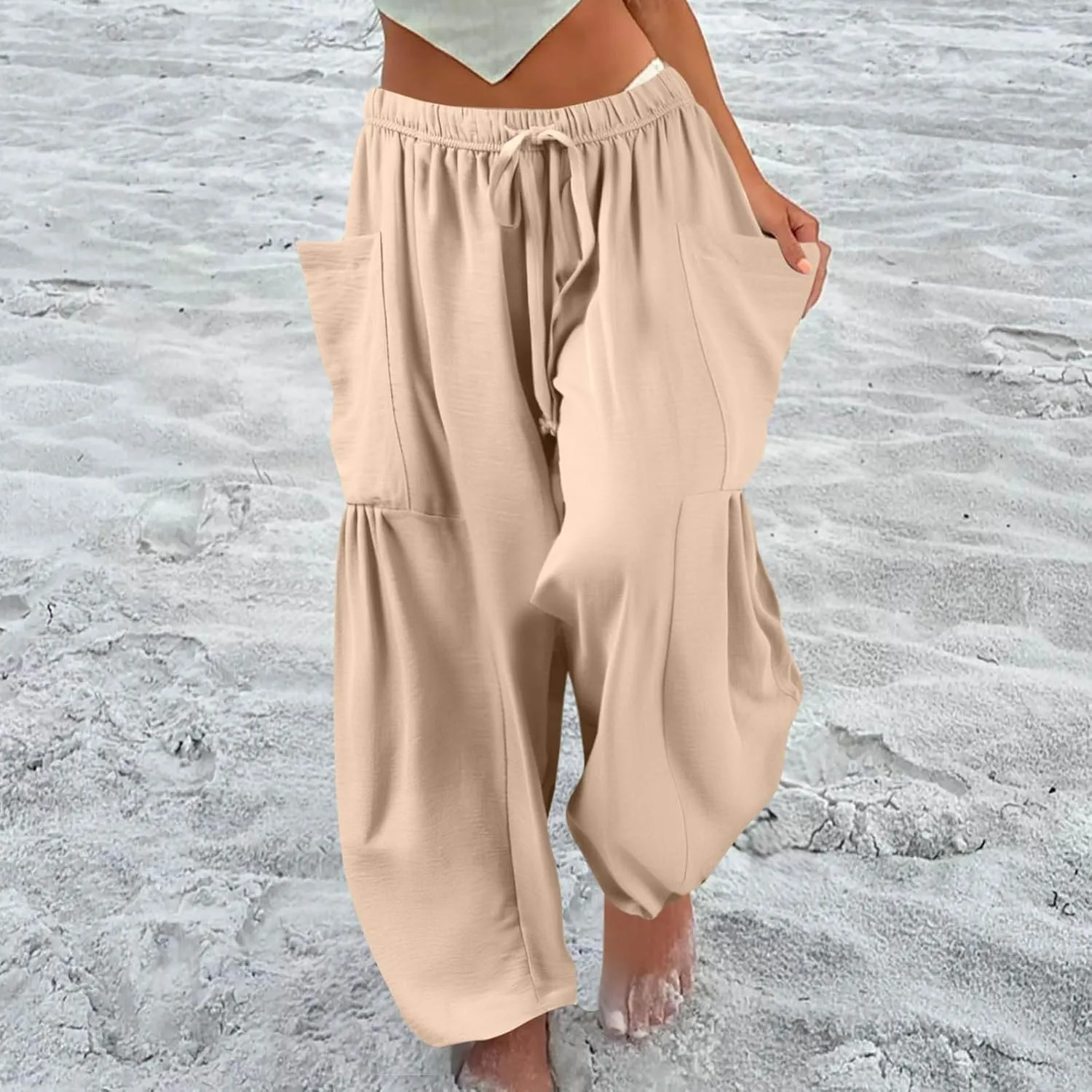 Palazzo Pants for Women Linen Casual Summer Drawstring Elastic Waist Pants Wide Leg High Waisted Solid Trousers 2025