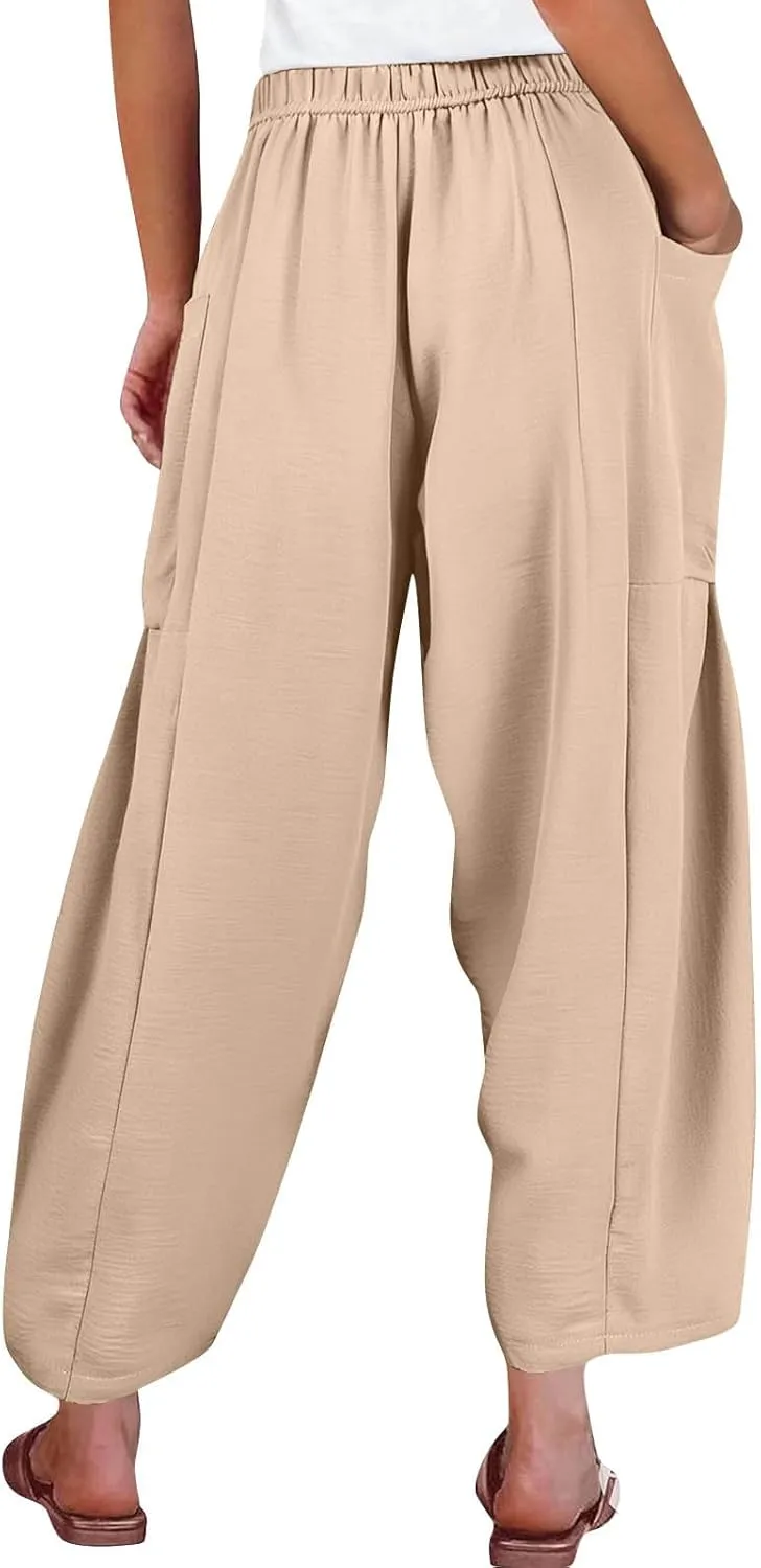 Palazzo Pants for Women Linen Casual Summer Drawstring Elastic Waist Pants Wide Leg High Waisted Solid Trousers 2025