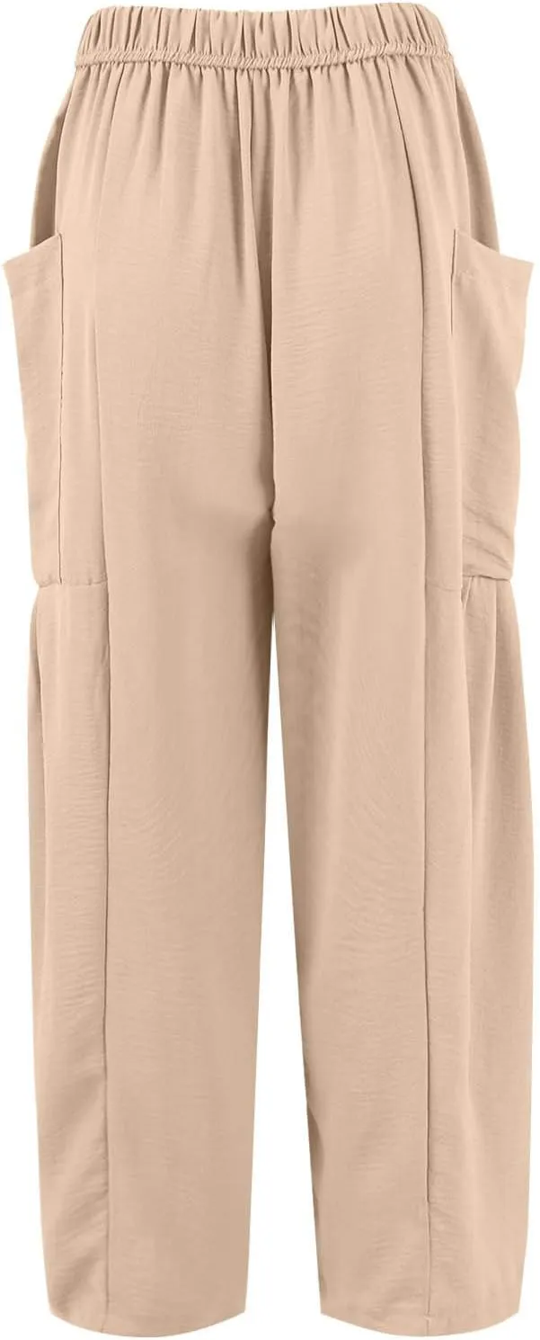 Palazzo Pants for Women Linen Casual Summer Drawstring Elastic Waist Pants Wide Leg High Waisted Solid Trousers 2025