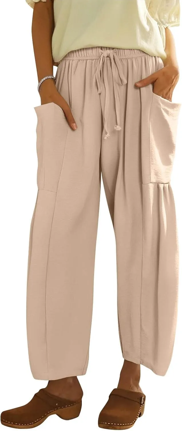 Palazzo Pants for Women Linen Casual Summer Drawstring Elastic Waist Pants Wide Leg High Waisted Solid Trousers 2025