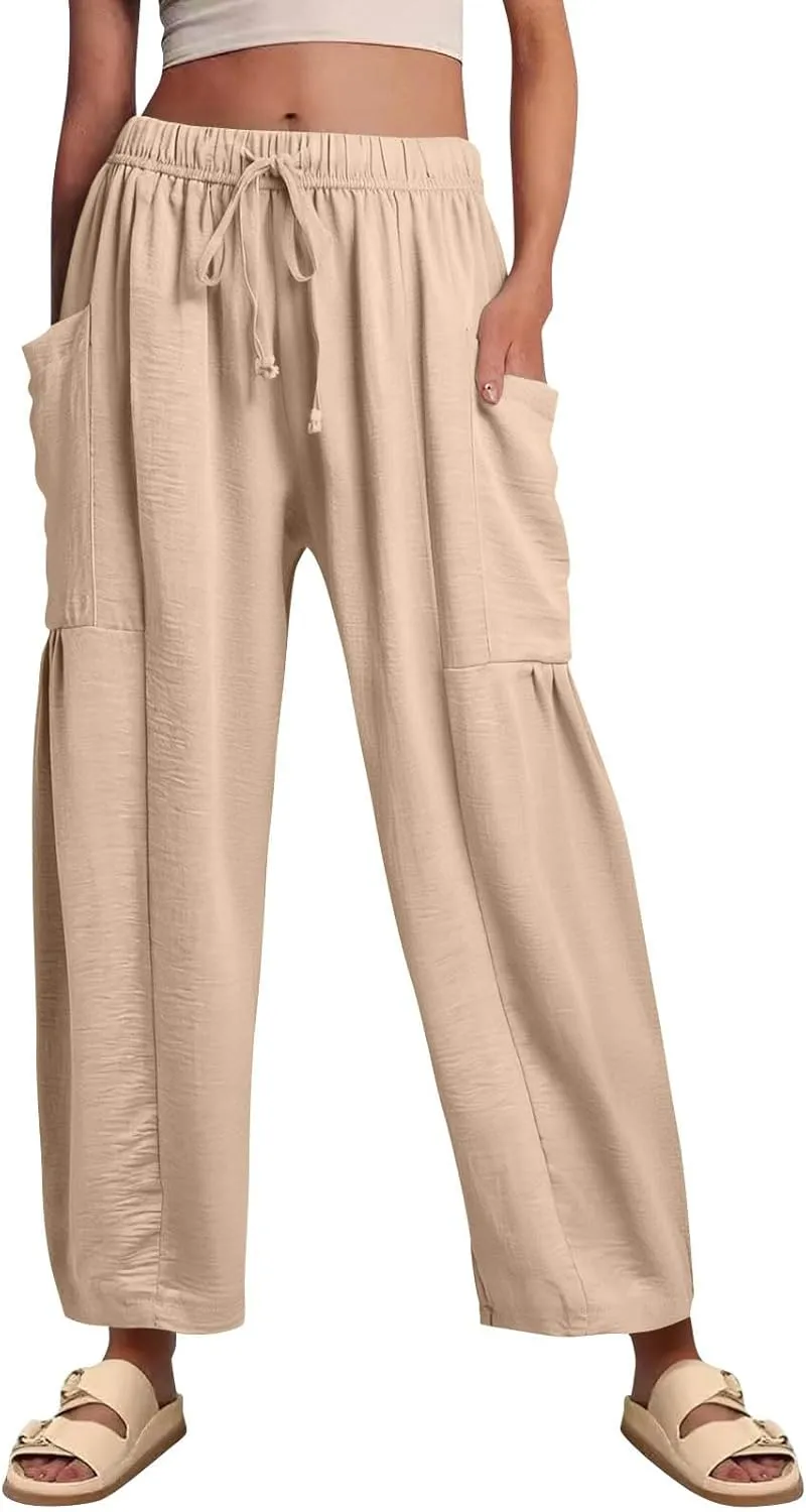 Palazzo Pants for Women Linen Casual Summer Drawstring Elastic Waist Pants Wide Leg High Waisted Solid Trousers 2025