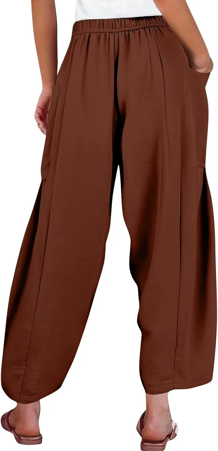 Palazzo Pants for Women Linen Casual Summer Drawstring Elastic Waist Pants Wide Leg High Waisted Solid Trousers 2025