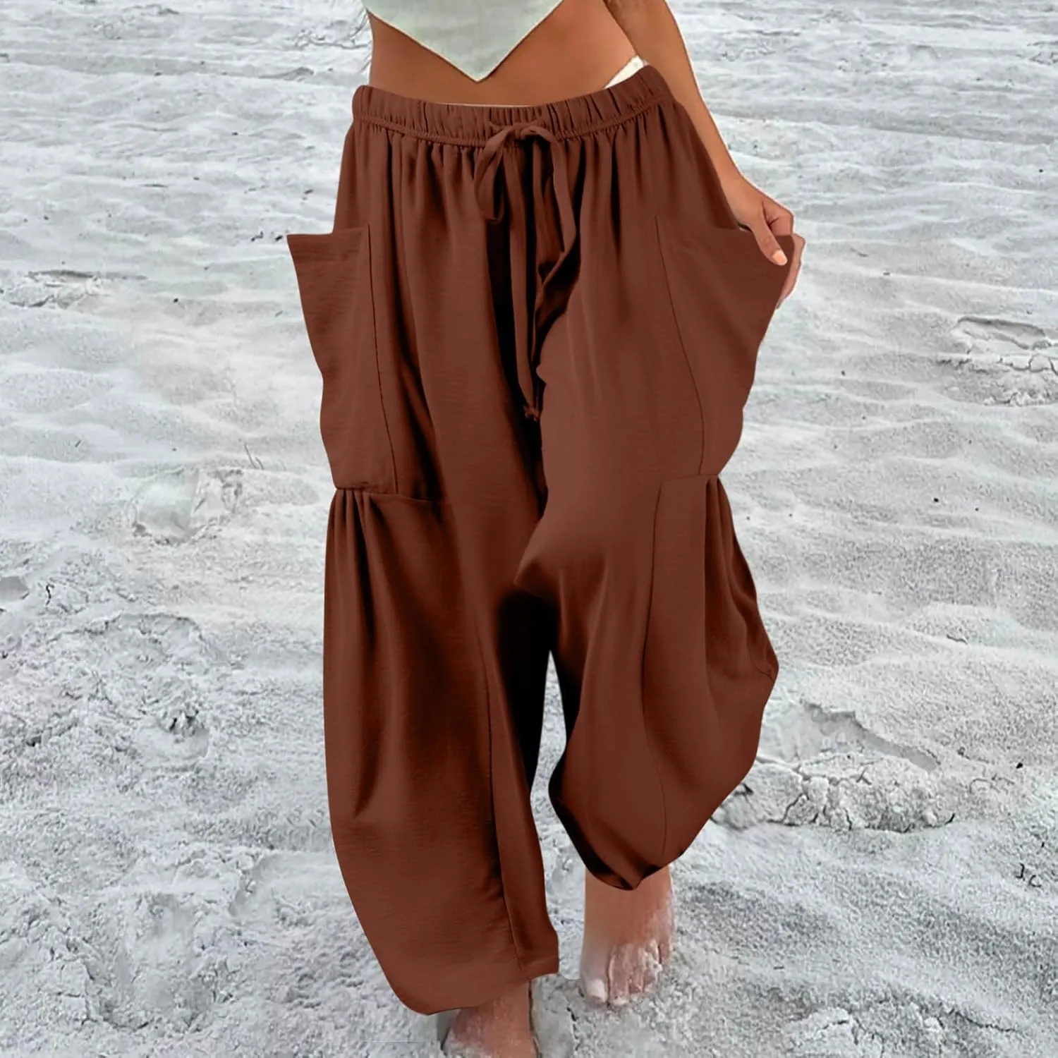 Palazzo Pants for Women Linen Casual Summer Drawstring Elastic Waist Pants Wide Leg High Waisted Solid Trousers 2025