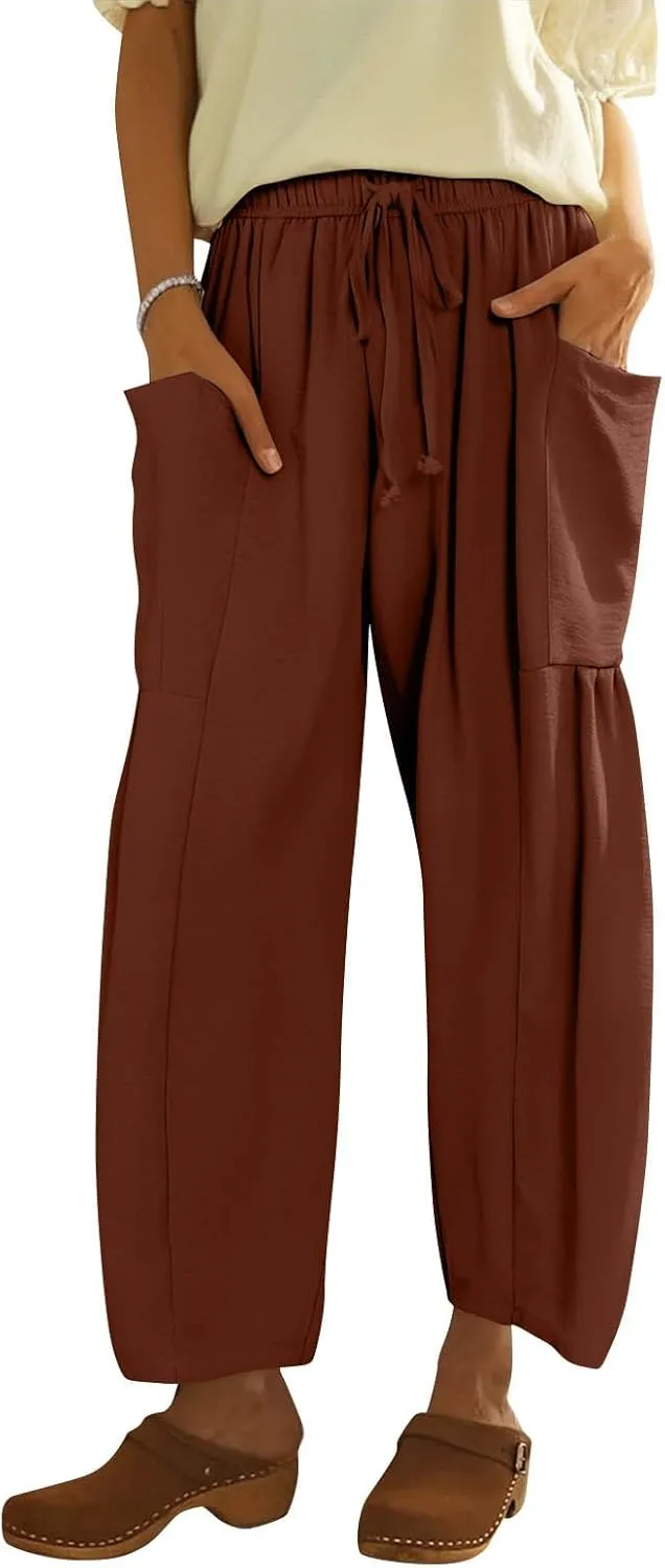 Palazzo Pants for Women Linen Casual Summer Drawstring Elastic Waist Pants Wide Leg High Waisted Solid Trousers 2025