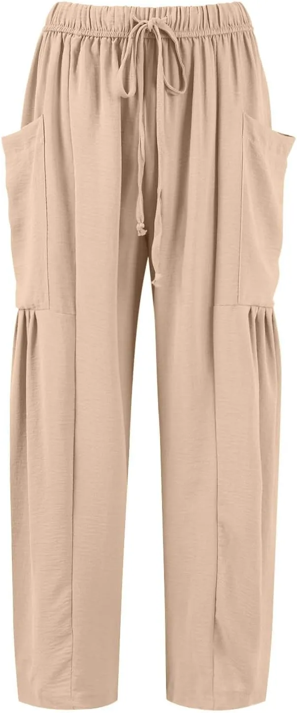 Palazzo Pants for Women Linen Casual Summer Drawstring Elastic Waist Pants Wide Leg High Waisted Solid Trousers 2025