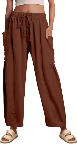 Palazzo Pants for Women Linen Casual Summer Drawstring Elastic Waist Pants Wide Leg High Waisted Solid Trousers 2025