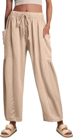 Palazzo Pants for Women Linen Casual Summer Drawstring Elastic Waist Pants Wide Leg High Waisted Solid Trousers 2025