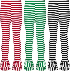 Panitay 3 Pcs Girls Christmas Leggings Christmas Pants Ruffle Flare Leggings Footless Stripe Tights for Girls Toddler