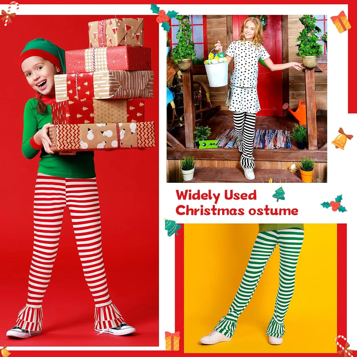 Panitay 3 Pcs Girls Christmas Leggings Christmas Pants Ruffle Flare Leggings Footless Stripe Tights for Girls Toddler