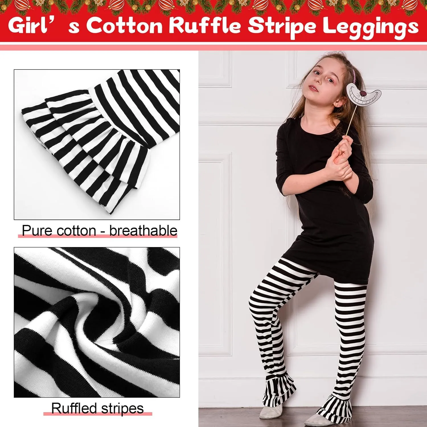 Panitay 3 Pcs Girls Christmas Leggings Christmas Pants Ruffle Flare Leggings Footless Stripe Tights for Girls Toddler